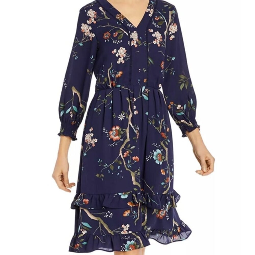 Nanette Lepore Navy Floral-Print Ruffled-Skirt Dress Size 10